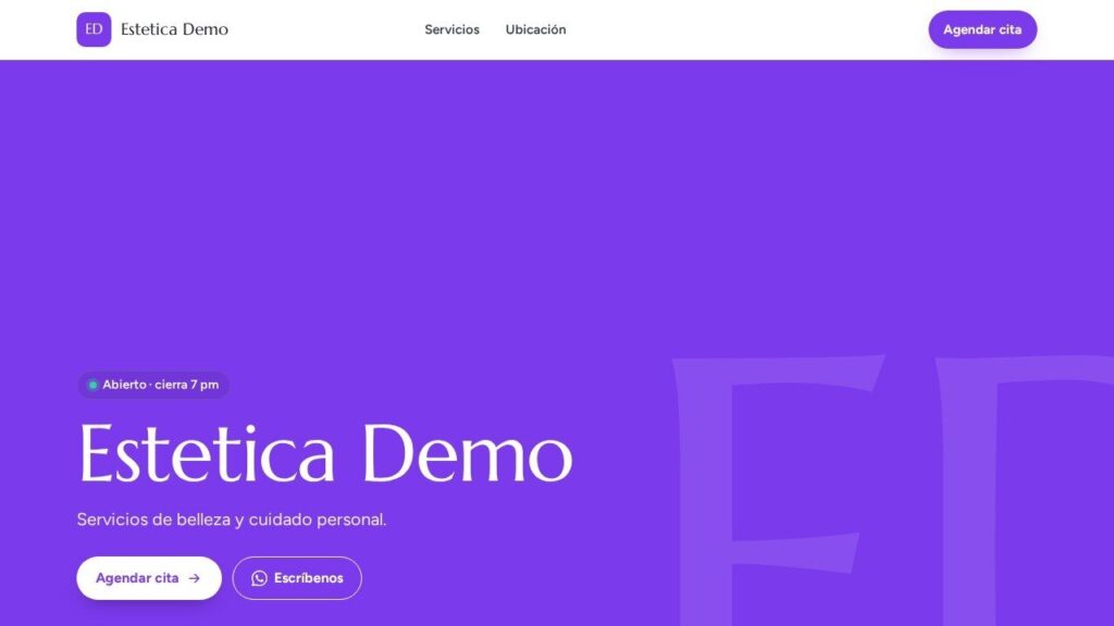 Página de muestra de un negocio de servicios con agenda de citas creada con PideLink
