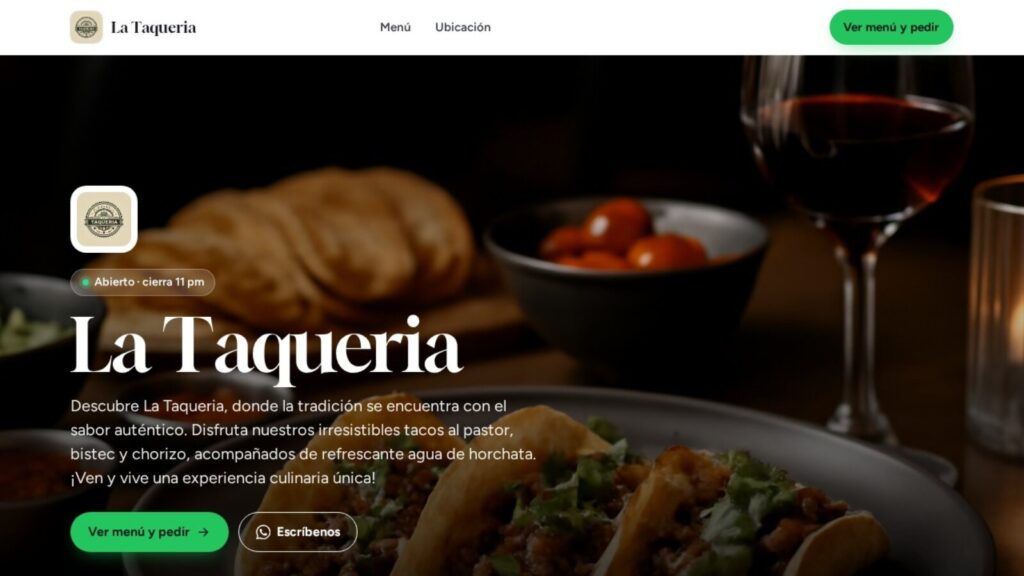 Página de muestra de una taquería creada con PideLink, con el botón para ver el menú y pedir