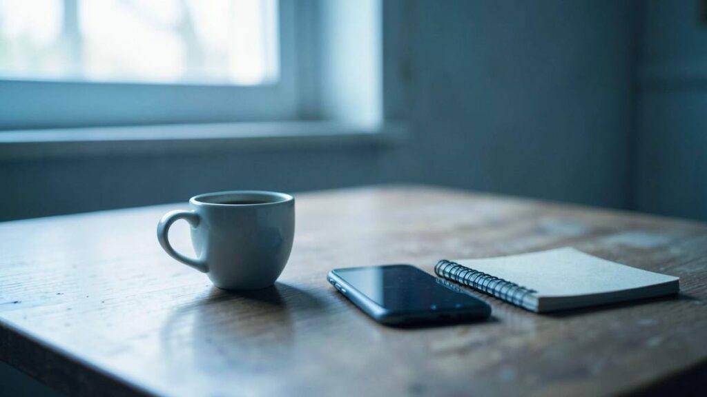 Taza de café, teléfono y libreta sobre una mesa de madera junto a una ventana